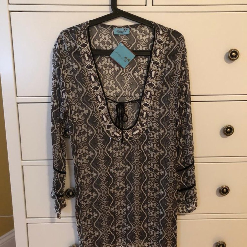 LeTarte Luxe Silk tunic handmade with beads black grey white beachwear